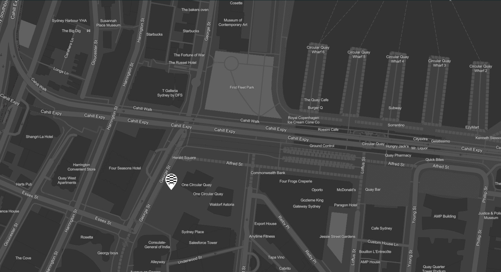 Image of a location map of the Sydney CBD showing a tag with the location of the iconic Jacksons on George, which offers a public bar, bistro and rooftop bar.