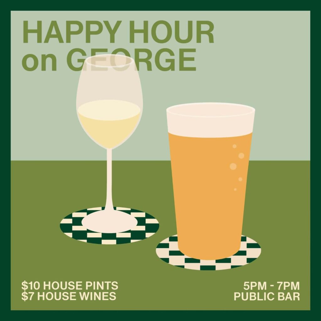 Image of our promotion with an illustration for Happy Hour on George with a glass of wine and glass of beer.
