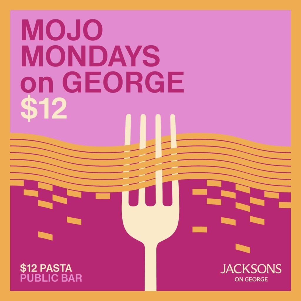 Illustration of our promotion for Mojo Mondays on George with a fork and spaghetti.