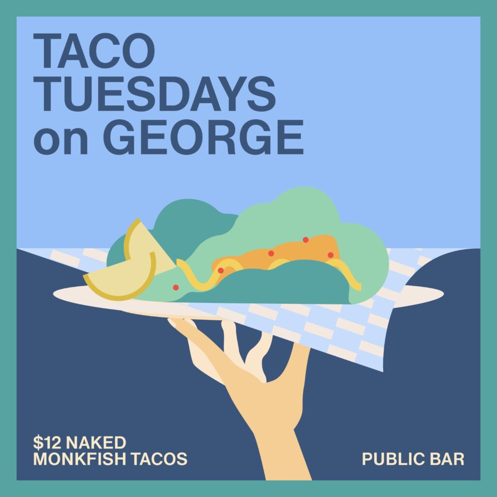 Image of our promotion for Taco Tuesdays on George at Jacksons on George with a hand holding a taco.