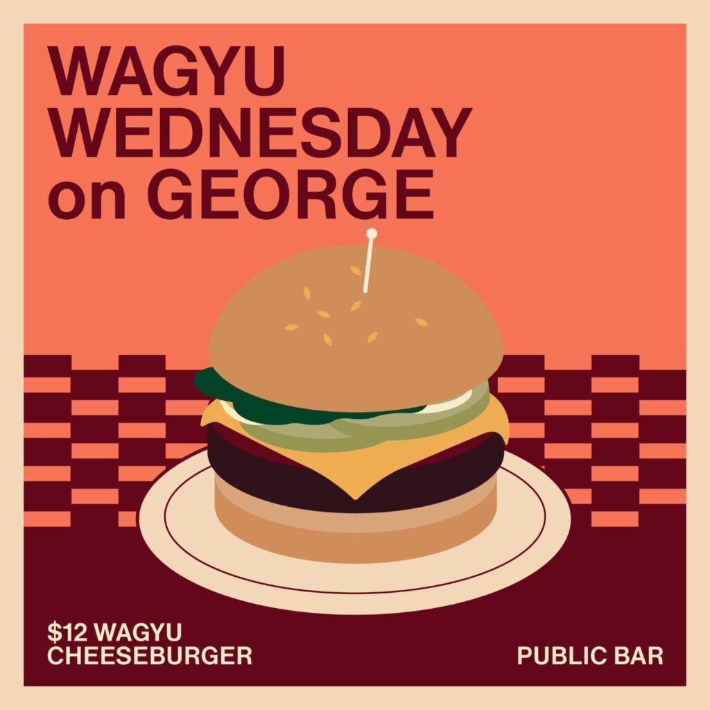 Image of our promotion for Wagyu Wednesdays on George at Jacksons on George with a burger on a plate.